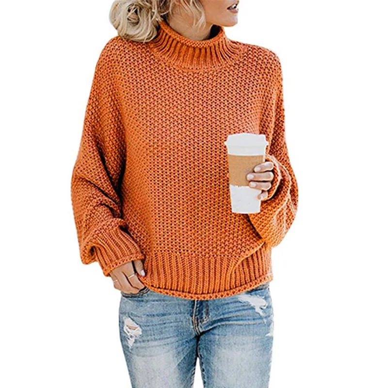 

2022 Fall/winter women's solid color thick thread turtle neck knit jumper sweaters women, Gray,black,orange,apricot,khaki,light blue,red,navy,army green