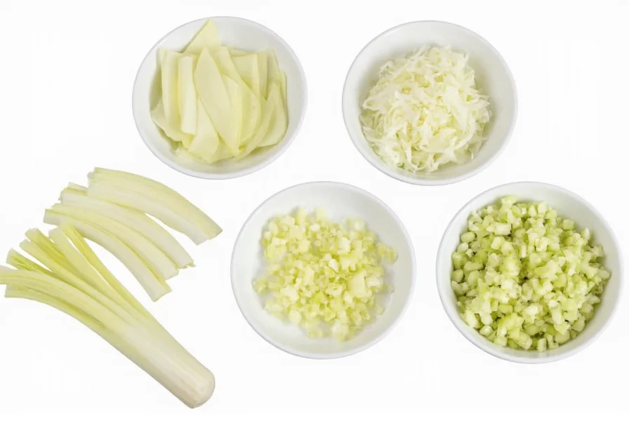 Various fennel cutting techniques showing thin slices, wedges, and diced pieces in separate bowls