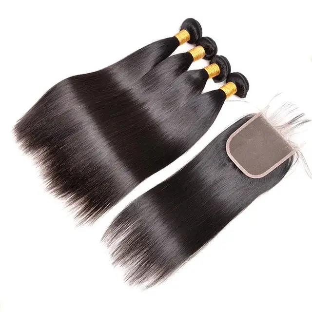 

2019 Popular Brazilian Straight Hair Lace Closure With 3 Hair Bundles, Virgin Hair Bundles With Lace Closure, Natural color #1b