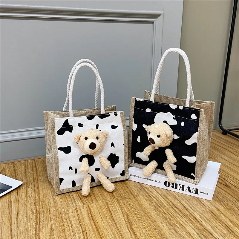 

Fashion Cute Bear Cotton Tote Handbag Cotton Canvas Handbag With Zipper For Girls, Black,white,