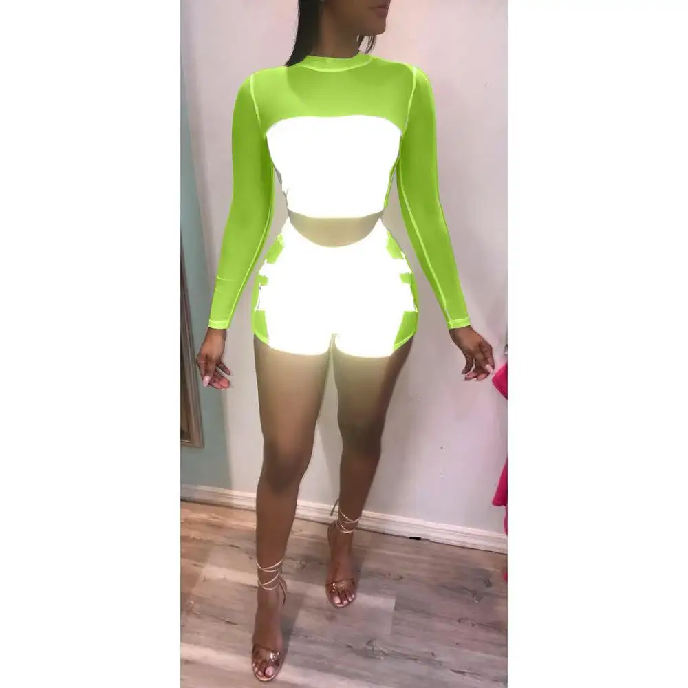 

2020 New arrivals women Reflective Long sleeve top and short pant Tulle-Trimmed slim summer casual two piece set