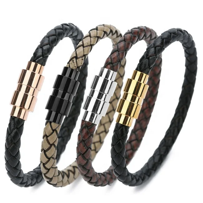 

2021 New style fashion European and American formal stainless steel leather braided magnet clasp bracelet homme for men, Black,brown,beige,purple, etc.or as your request