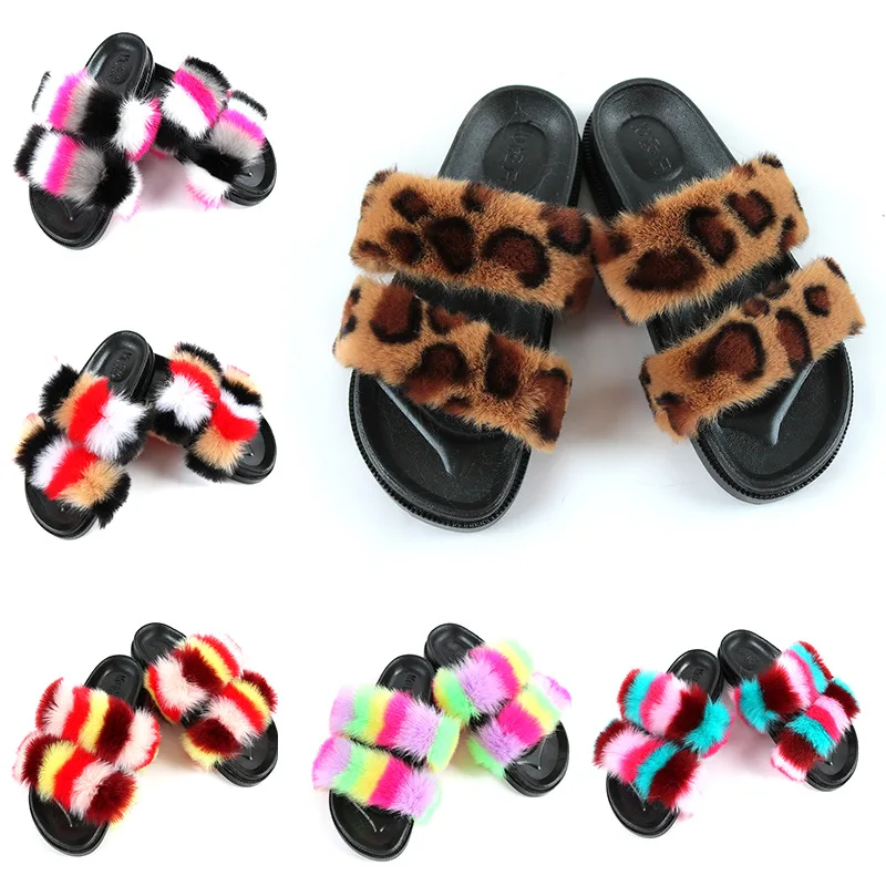 

wholesale Women Leopard Fuzzy 2 strap fur slippers Soft Plush Open Toe Faux Fur Slide Sandals bedroom Flat Shoes vendor