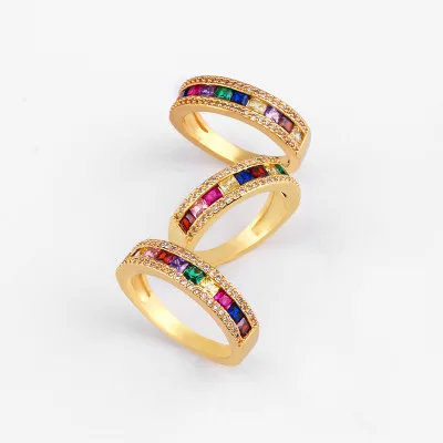 

New 18K Gold Plated Rainbow Square Cubic Geometric Ring Micro Pave Diamond Colorful Ring