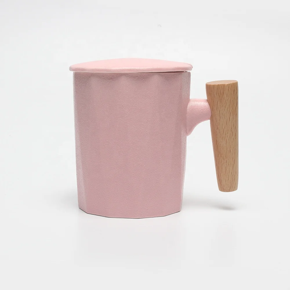 

Eco-friendly Irregular Shape Ceramic Tea Cup Coffee Mug With Wooden Handle in 350ML, Pink, blue, white, black