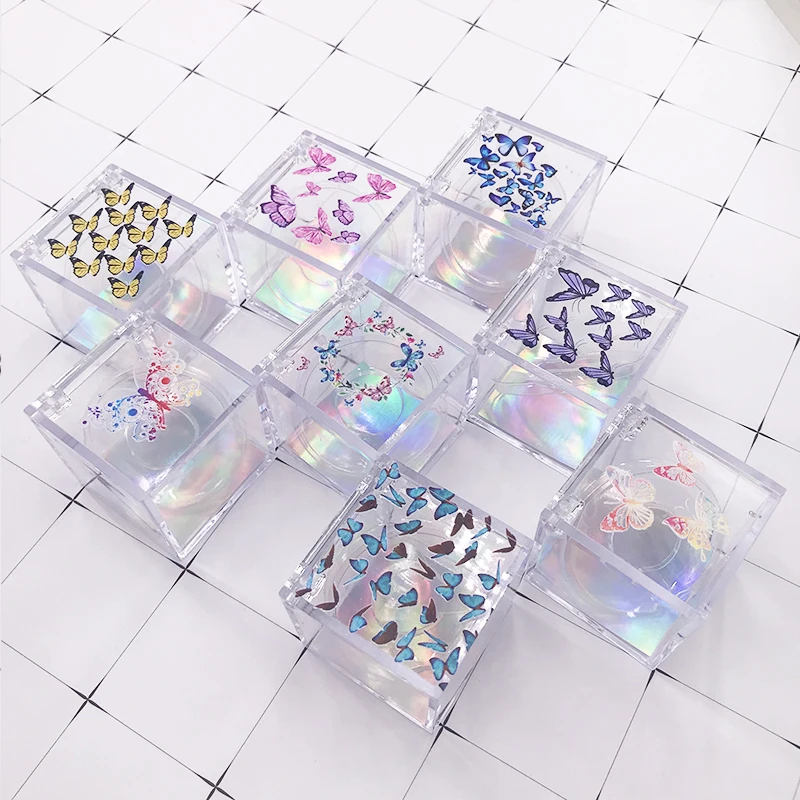 

Wholesale Cube Eyelash Box Custom Butterfly Print Lash Case Fluffy 25mm Mink Eyelashes Clear Acrylic Box, Natural black