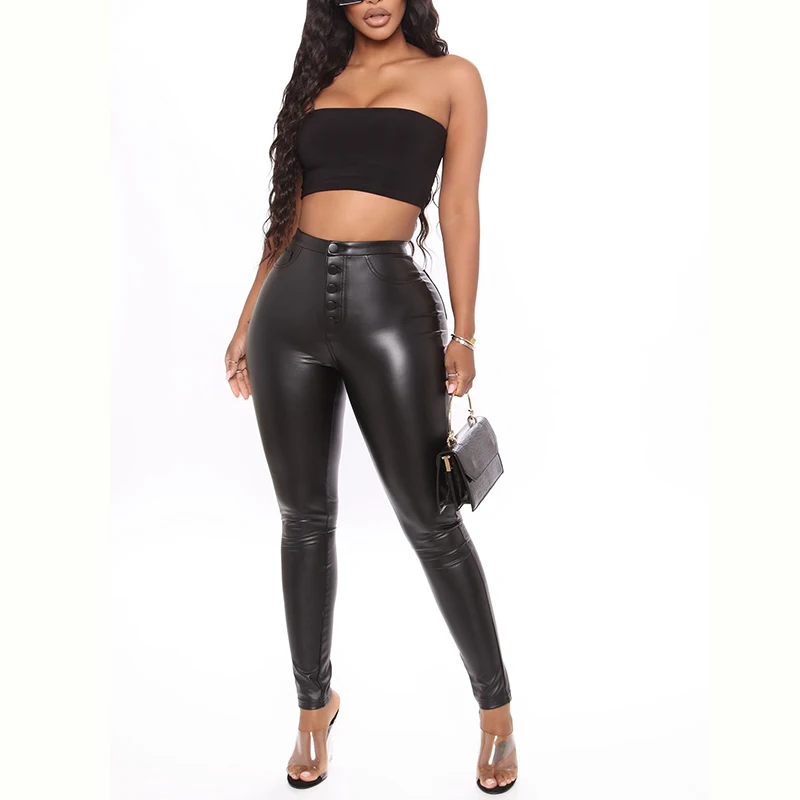 

2021 New sexy nightclub PU leather pencil trousers vintage breasted high waist skinny long pants