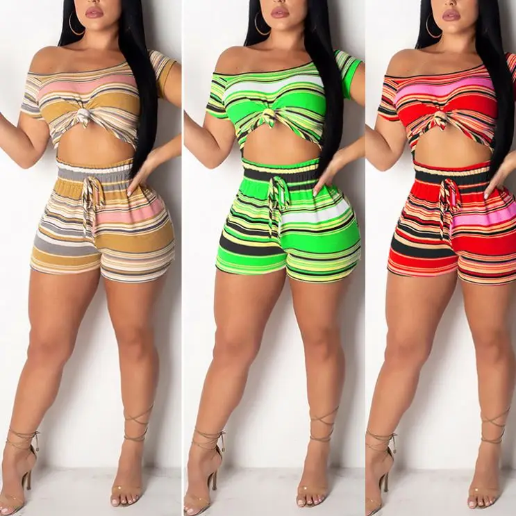 

JB-19101242 Latest Design Casual 4 Color Striped Print Chest Knot Crop Top And High Waist Shorts Two Piece Set Women Clothing, As show