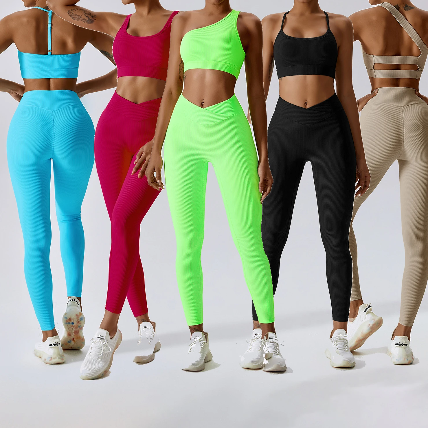 

YIYI 2023 Ribbed Fabrics Cross Waist Leggings Sets For Women Multi-Design Tops Workout Suits Girls Quick Dry Women Fitness Sets