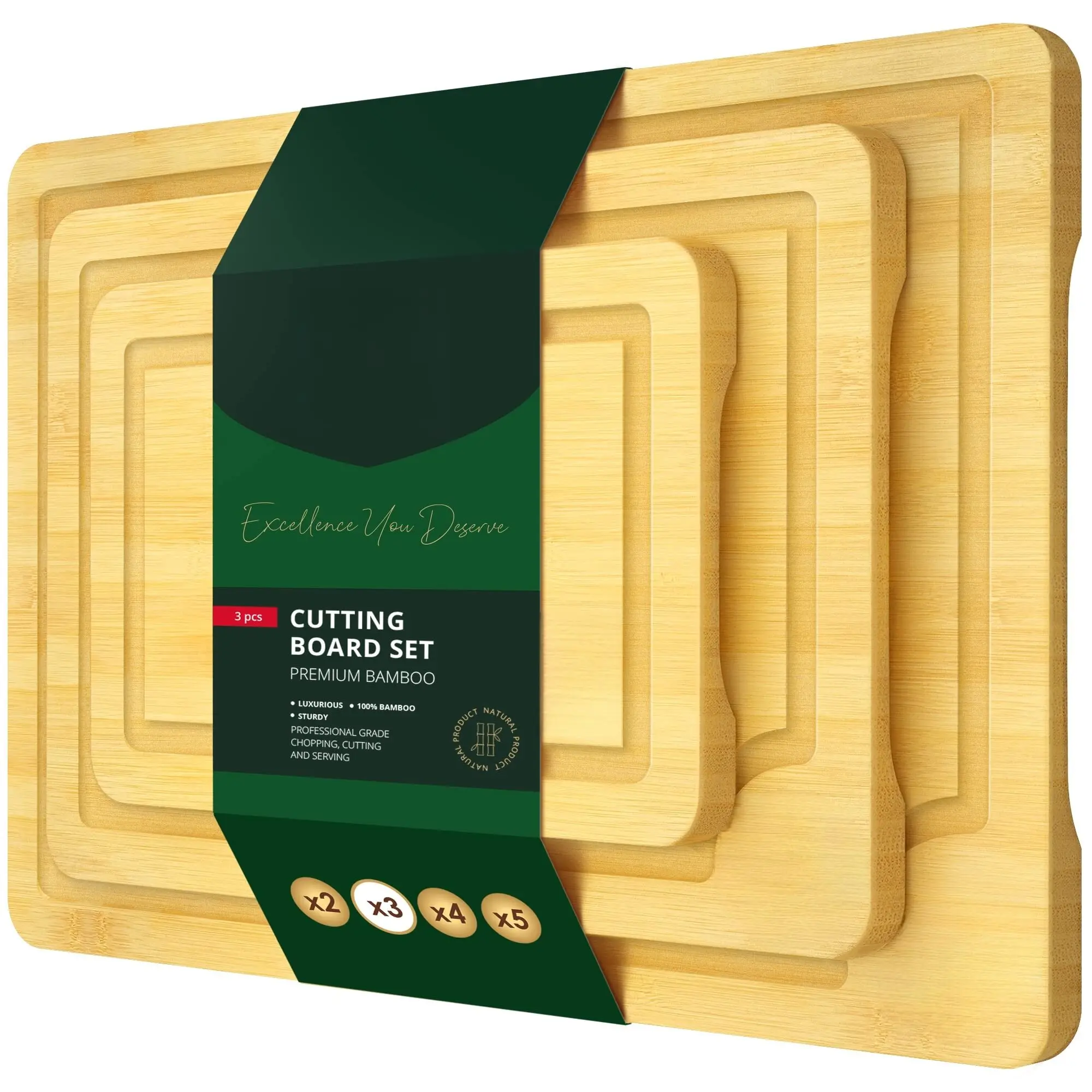 

Custom Rectangle Large Engraved Bamboo Wooden Cutting Boards Set Chopping Block 3 Piece in 1 Set with Juice Groove