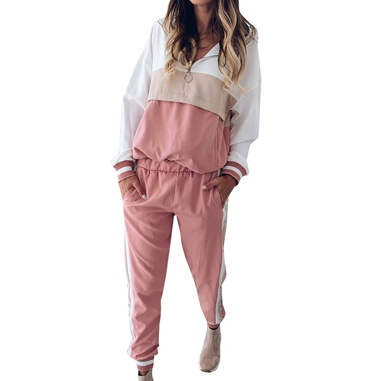 Hot Sale Pink Hooded Stitching Womens Two Piece Set Female Jumpsuit Sport Pants