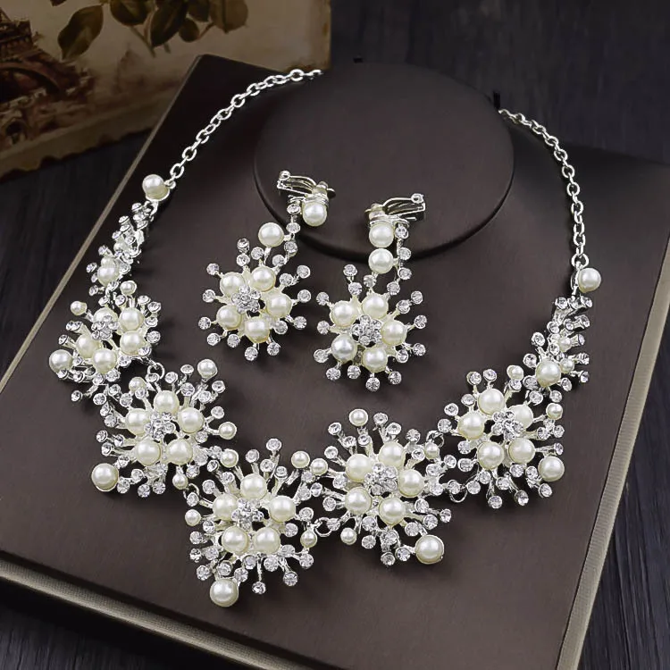 

Bridal Jewelry Set Two-Piece High-Grade Pearl Headdress Necklace Earrings Crown Wedding Dress Accessories, Silver