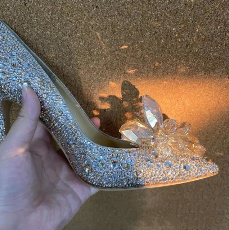 

2021 Fashion crystal shoes rhinestone bridal shoes women pointed toe pumps, As pictures