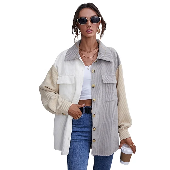 

Free Shipping Hot Sale Loose Casual Turn-down Collar Single-breasted Shirt Jacket Women Color Block Corduroy Coat, Accept customized color