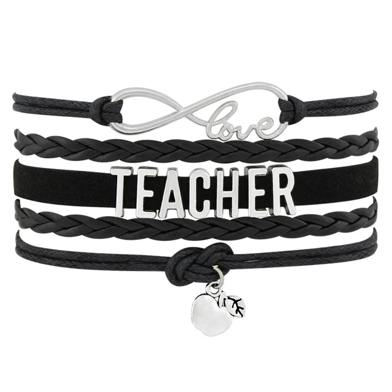 

Infinity Love to Teach Educator Kindergarten Science Special Needs Math Preschool Teacher Assistant Planner Leather Bracelets, Silver plated