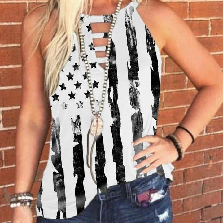 

Women American Flag Print Tank Hollow Out Camisole, Photo show