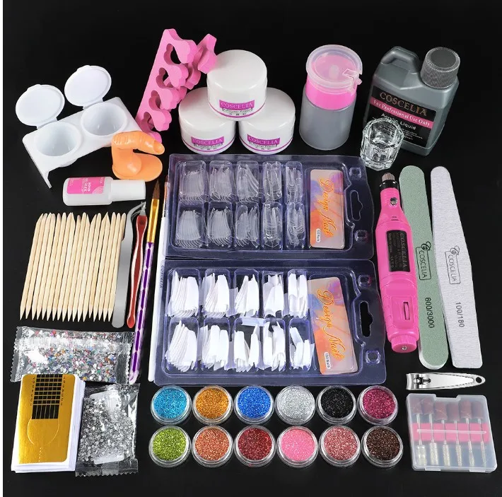 

2021 Wholesale Nail Kit Crystal Acrylic Gel LED UV Gel With Top Coat USB Drill Machine 12 Colors Of Nail Glitter For Nails, 12 colors nail kit