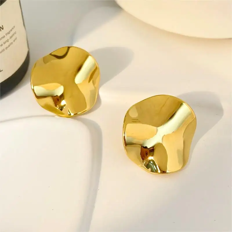 

18K Gold-plated Stainless Steel Earrings joyas de acero inoxidable Waterproof Circular Pleated Texture Stud Earrings For Women