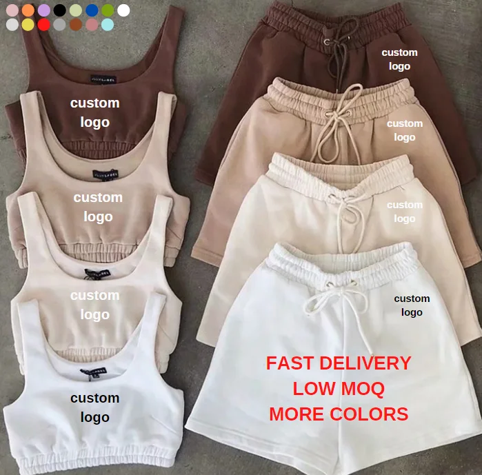 

hot sales casual Custom logo Crop top summer shorts Pants Sweat Two piece Outfits Joggers Sets Sweatsuit 2 Piece Short Set