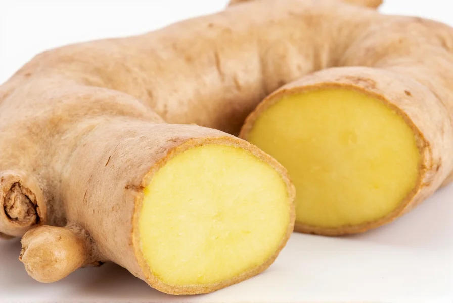 Close-up view of fresh ginger rhizome showing knobby texture and beige skin with pale yellow interior