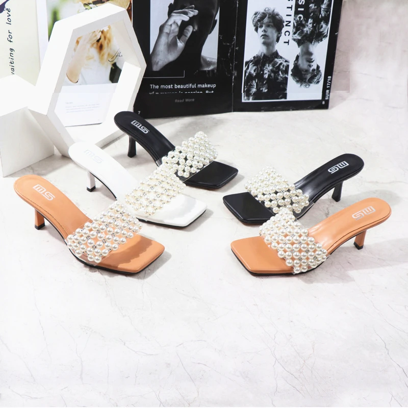 

Women Lady Female Luxury Sandals Open-Toed Pearl Heel Sandals