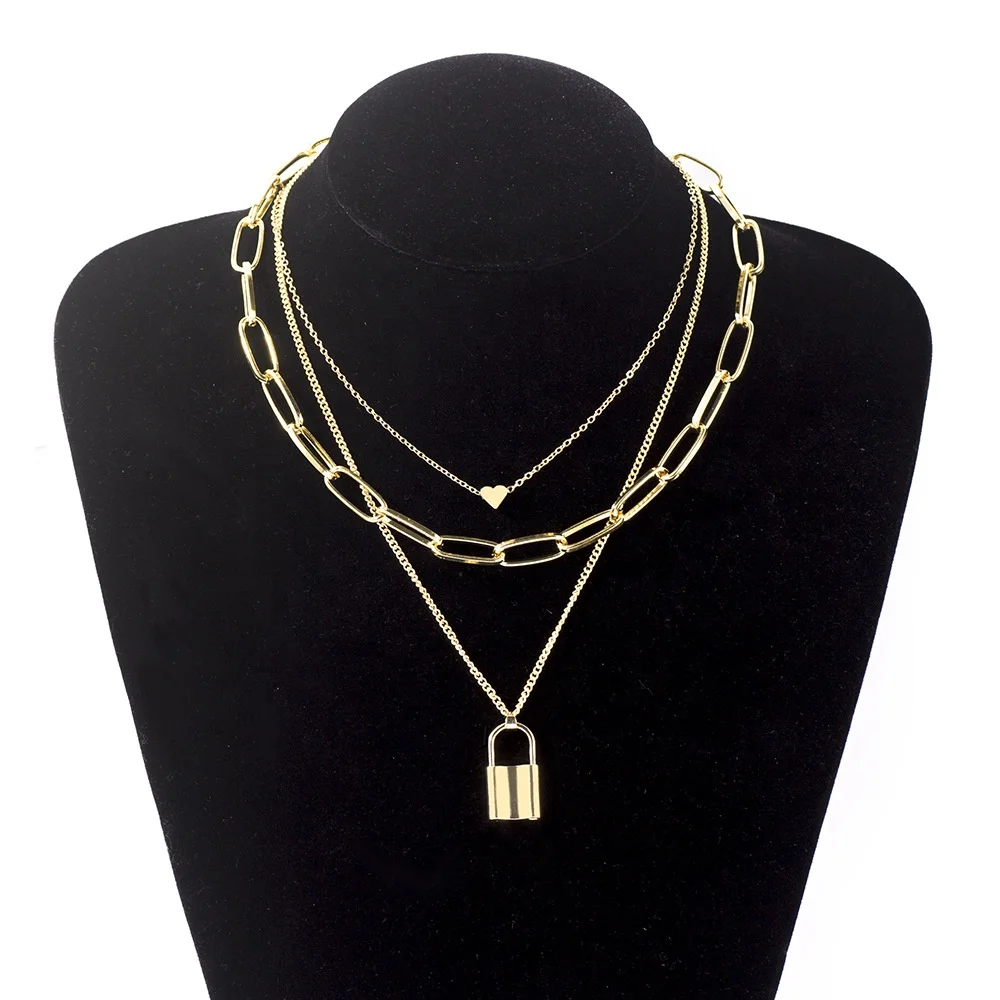 

Punk Lover Lock Pendant Necklace Hip hop Padlock Heart Necklace for Women Thick Chain Statement Jewelry