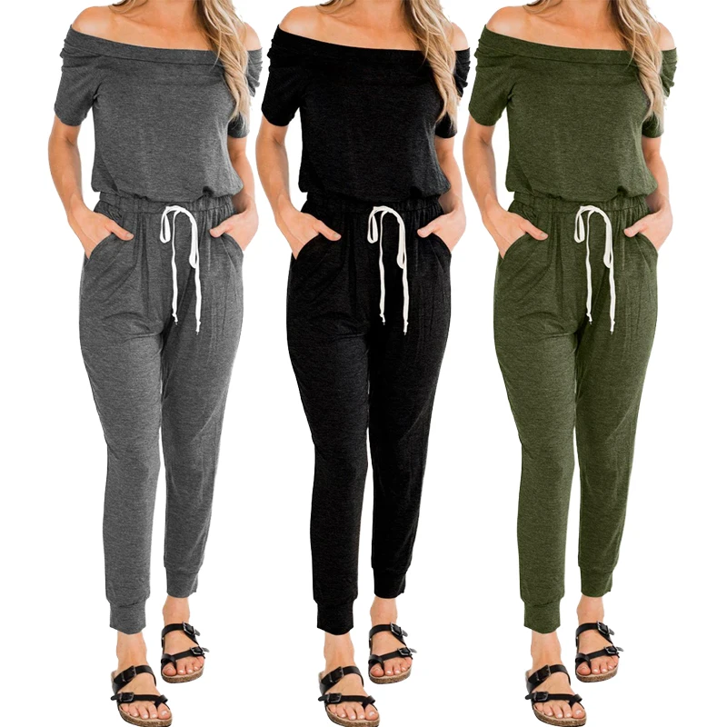 

Wholesale Casual Solid Color Off The Shoulder Short Sleeve Adjustable Drawstring Ladies Jumpsuit, As shown