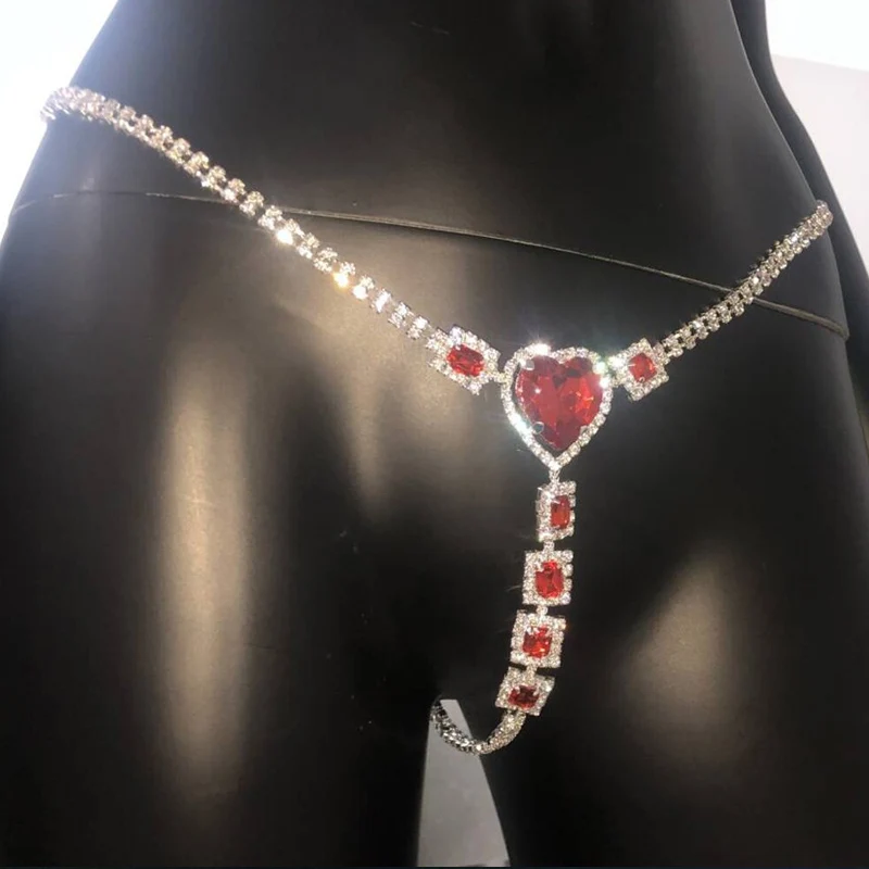 Sexy Heart Rhinestone Body Chains Jewelry Waist Panties For Women Crystal Underwear Thong Belly