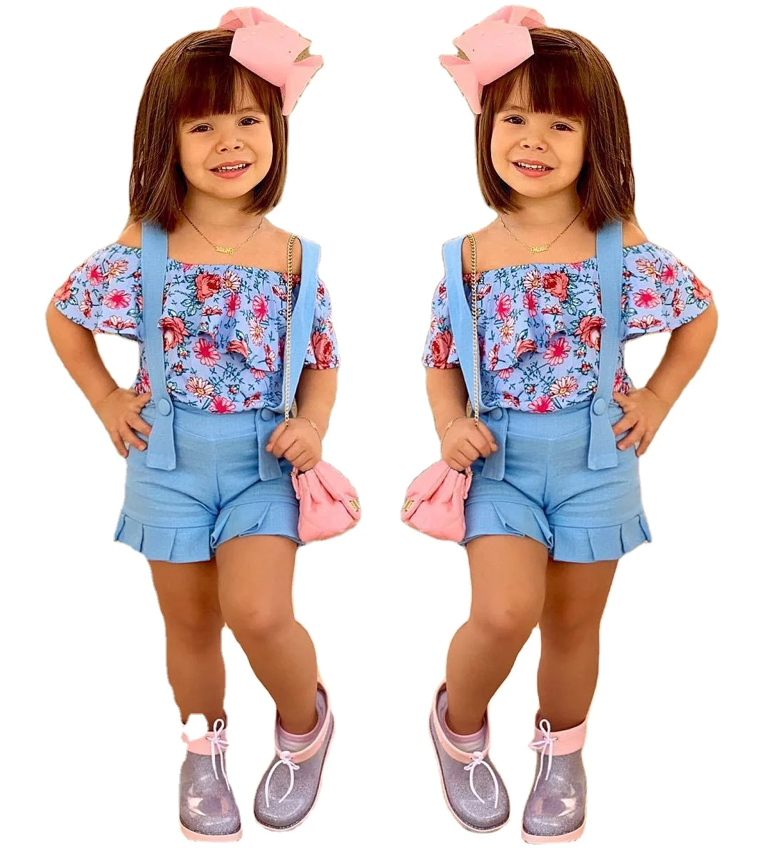 

Fashion Toddler Girl Clothes Off Shoulder Floral Tops & Blue Suspender Shorts Outfit Sets