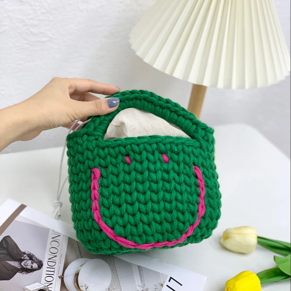 

AliExpress Hot Sale Casual Cute Smiley Handbag Crochet Shoulder Bag Knitted Wool Handbag, Customized color