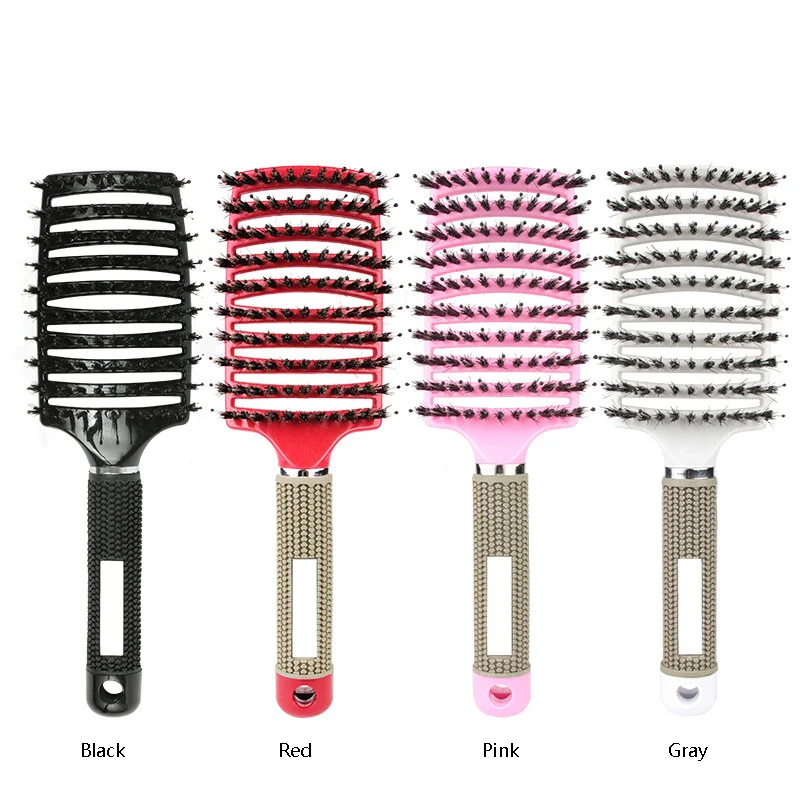 Boar Bristle Hair Brush with Tail Comb Set - Curved and Vented Detangling Hair Brush Curved Anti Static Styling Hair Brush