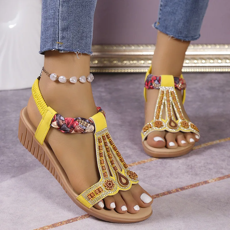 

Women's summer 2023 new Bohemian rhinestone elastic beach sandals