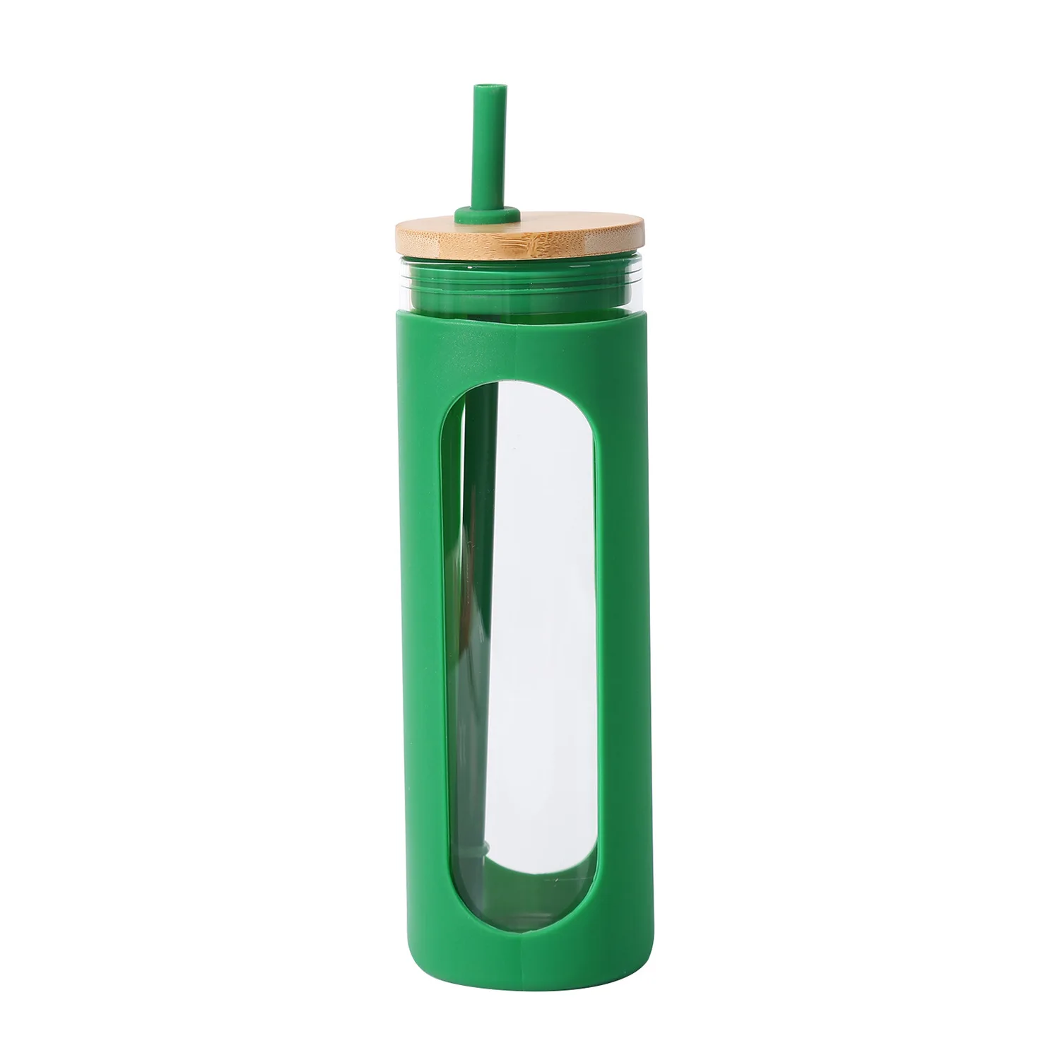 

Mikenda New silicone cover single glass outdoor portable large capacity juice glass water bottle with wooden lid
