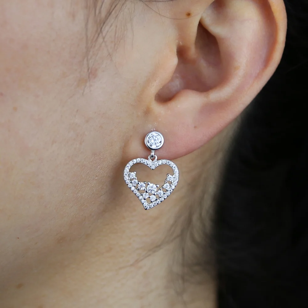

New Arrive Valentine's Day Gift For Lover Girlfriend 925 Sterling Silver Micro Pave Clear CZ Hollow Heart Charm Drop Earrings