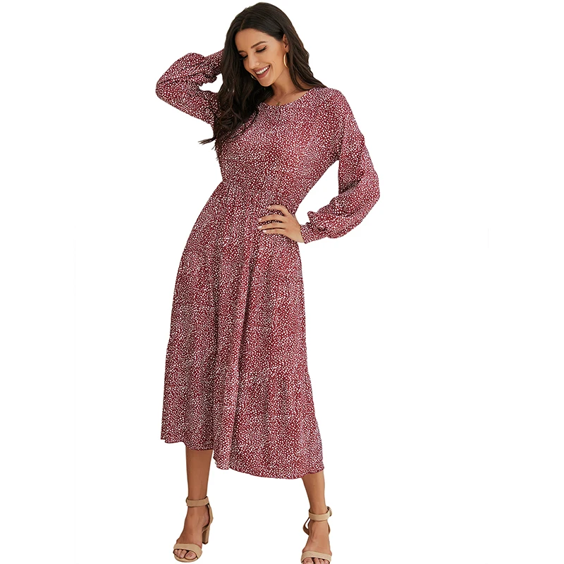 

2021 Womens casual dress women maxi long dress pleated female dots print spring casual dresses, Photo color