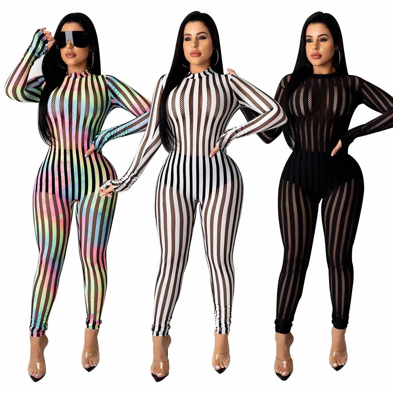 

Q516 American Sexy Women's Dress 2021 Gauze See-Through Color Striped Jumpsuit