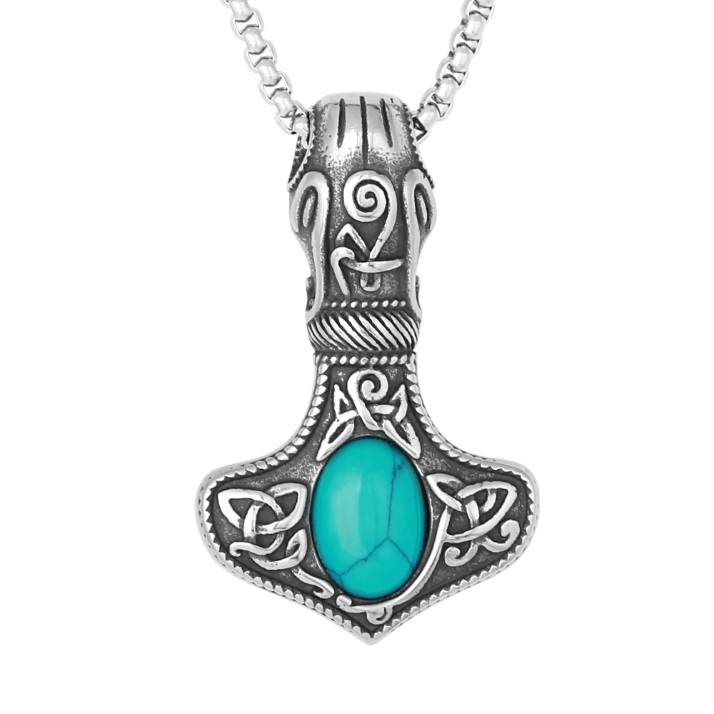 

Wholesale Custom Turquoise Jewelry Viking Norse Mjolnir Thor Hammer Necklace Stainless Steel Mens Amulet Pendant Necklace