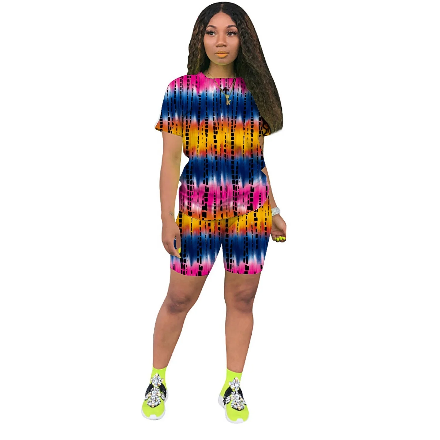 

B54721A Short Sets Women two piece summer fashion Tie-dye Print causal T-shirt, Shown
