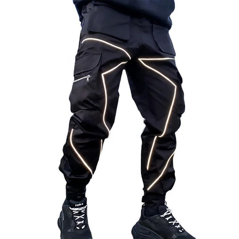 

Wholesale Hip Hop Outdoor Irregular Reflective Strip Nylon Soft Shell Lightweight Windbreaker Long Trousers For Men