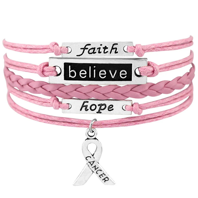 

Pray for Breast Cancer Warrior Be Brave Cure Fighter Cancer Sucks Survivor Mom Hope Faith Love Pink Ribbon Awareness Bracelets, Silver plated