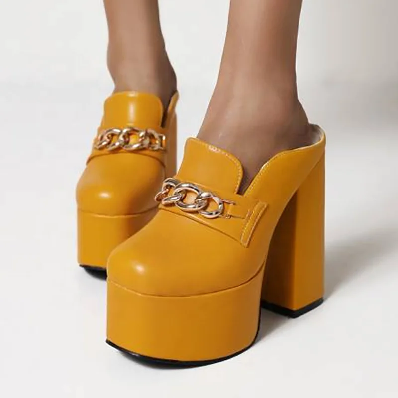 

2021 New Fashion Waterproof Platform Women Sandals Thick Soled Metal Chunky Sole Pack Head High Heel Shoes For Ladies, Black yellow