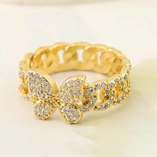 Fashion Jewelry Crystal Butterfly Ring Brass Copper Rings Zircon Gold Plated for Women