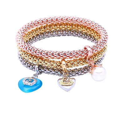 

Three Colors Set Love Heart Pendant Charm Corn Bracelet Gold Silver Plated Resin Heart Shaped Corn Chain Bracelet For Women