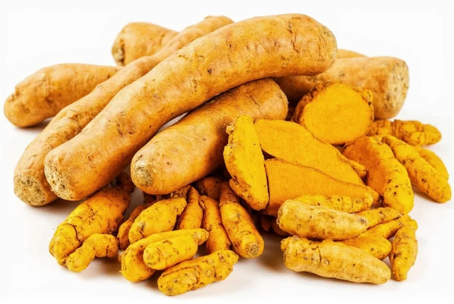 Fresh turmeric roots with peeled and unpeeled examples showing vibrant orange interior
