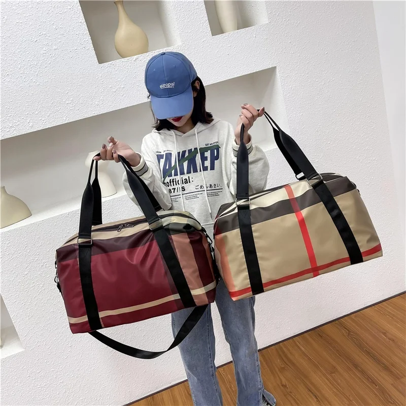 

Luxury Plaid Colorways Waterproof Duffel Women Large Capacity Dry Wet Pocket Sports Gym Duffle Tote Messenger Travel Bag