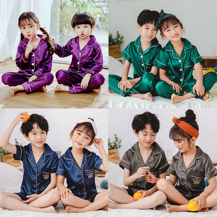 
Factory customized plain girl kids satin silk sleepwear pajamas shorts set sleepwear clothes kids pajama 