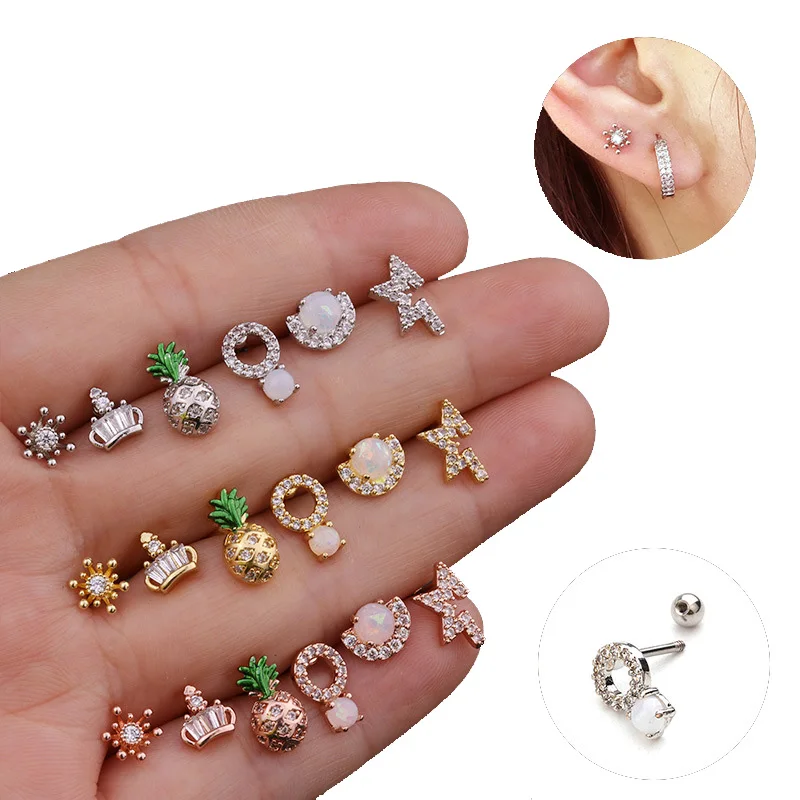 

Stainless Steel Stud Earring Star Pineapple Shape Cartilage Huggie Earrings Ear Bone Clip Cubic Zircon Body Piercing Jewelry