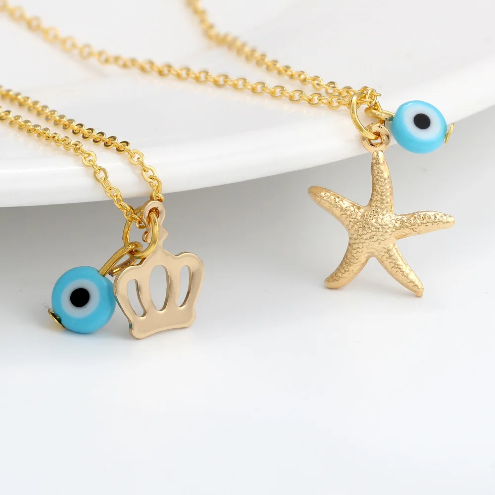 

Creative Stainless Steel Chain Light Blue Round Evil Eyes Necklace Crown Starfish Pendant Necklace