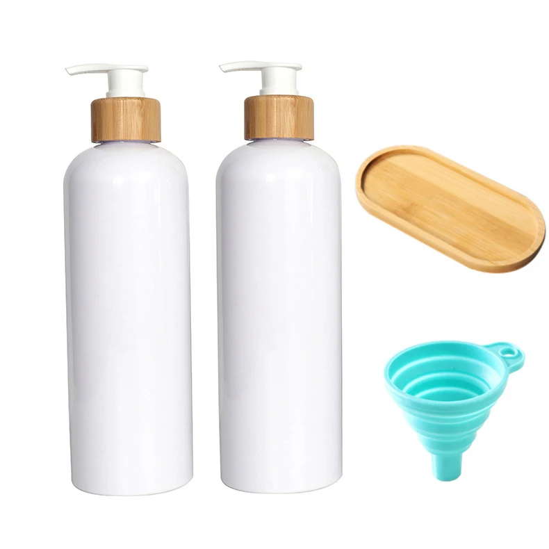 

2 Pack 16Oz White Plastic Bottle with Bamboo Pump Bathroom and Kitchen Refillable Hand Soap Dispenser Set