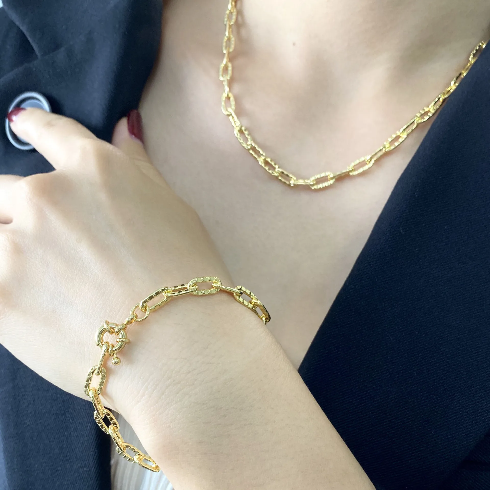 

Minimalist Jewelry Set Gold Filled Elongated Curb Link Chain Choker Necklace Fadeless Paper Clip Chain Collar Necklace Bracelet, As picture